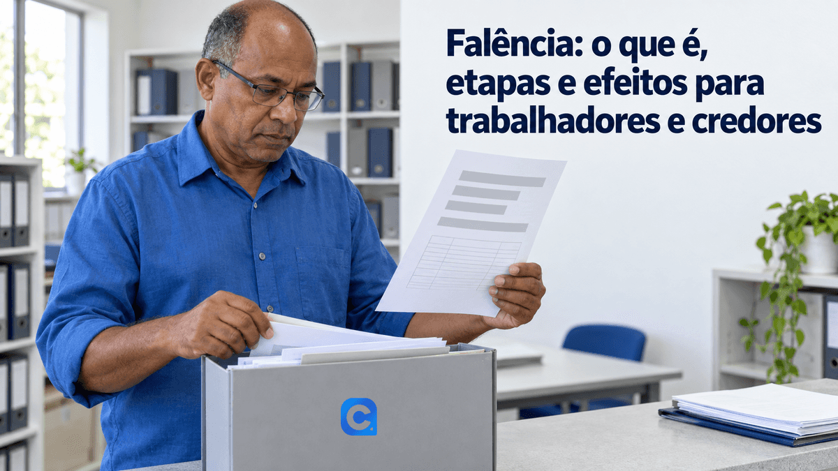Homem de camisa azul confere aviso sem dados e organiza documentos em pasta cinza com símbolo Meu Consig.